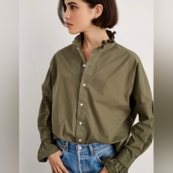 Alex Mill Tops - ALEX MILL Easy Ruffle Cotton Poplin Shirt, Dusty Olive, Size M, Spring